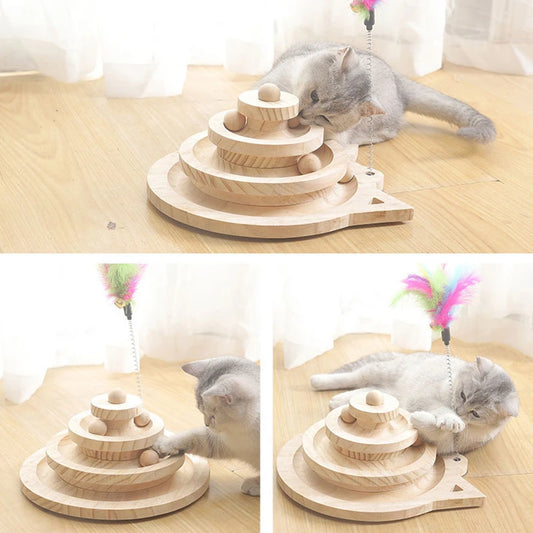 Wooden 2/3-Level Cat Toy Tower - Disc Tracks & Ball Training Toy